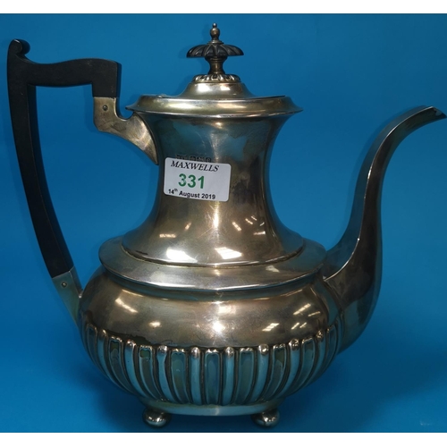 331 - A hallmarked silver coffee pot in the Georgina style with fluted lower body, Sheffield 1920
