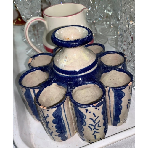 220 - An Amhurst bowl; 2 18th century style delft inkwells and a bud vase; a cut decanter and drinking gla... 
