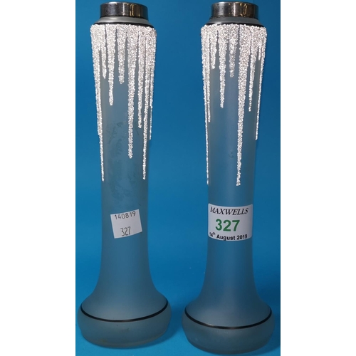 327 - A pair of frosted glass stem vases with silver mounts
