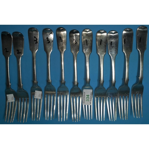 334 - Five Victorian fiddle pattern diner forks, Edinburgh 1846; 6 silver crested dinner forks (various da... 