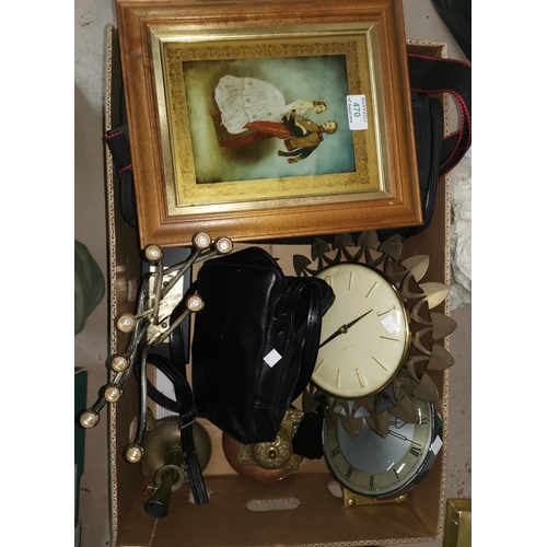 470 - A crystoleum type picture of a young Victoria and Albert; 3 vintage mantel clocks; a brass inkwell; ... 