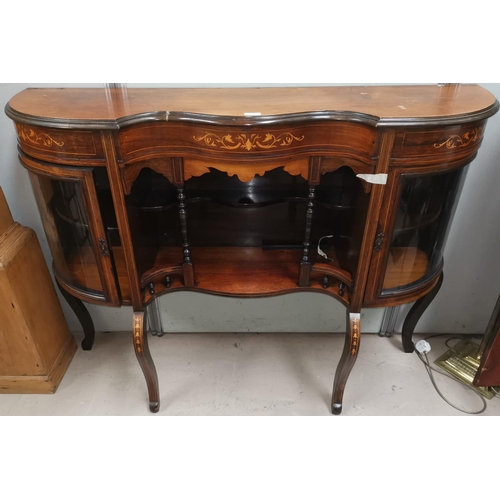 533 - An Edwardian inlaid rosewood chiffonier base with 2 glazed side cupboards and central open shelves