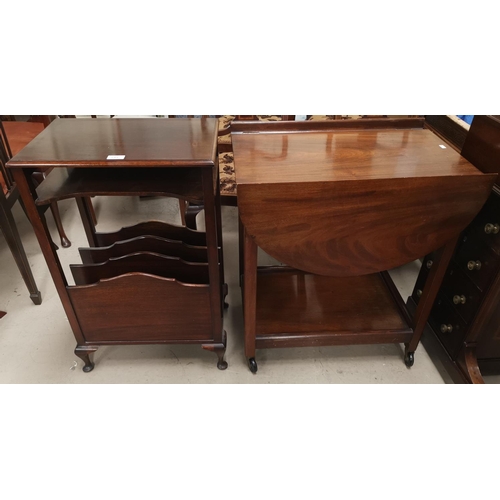 549 - A mahogany rectangular occasional table/magazine rack; a mahogany oval drop leaf tea trolley