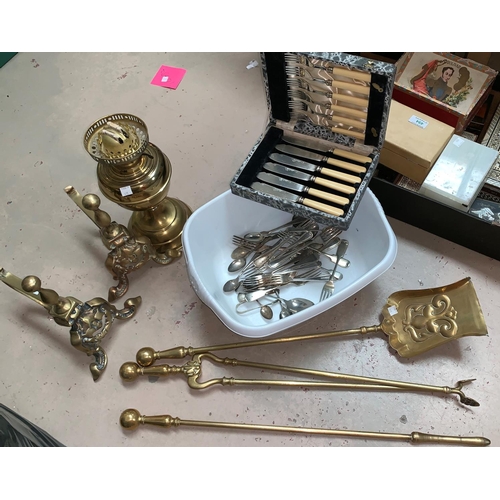 411 - A Victorian style set of 3 brass fire irons and dogs; a brass oil lamp; a fish canteen, cased; silve... 