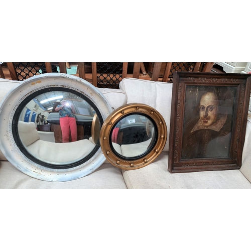 631a - A convex circular wall mirror in gilt ball frame; a similar mirror; a 1930's print of Shakespeare, f... 