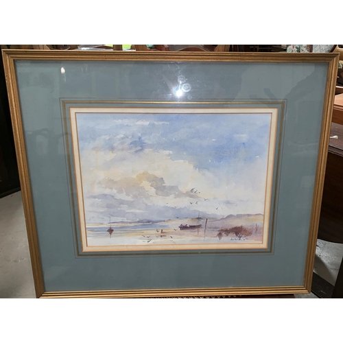 385 - John Taunton:  Beach scene with beached boat, watercolour, signed, framed and glazed