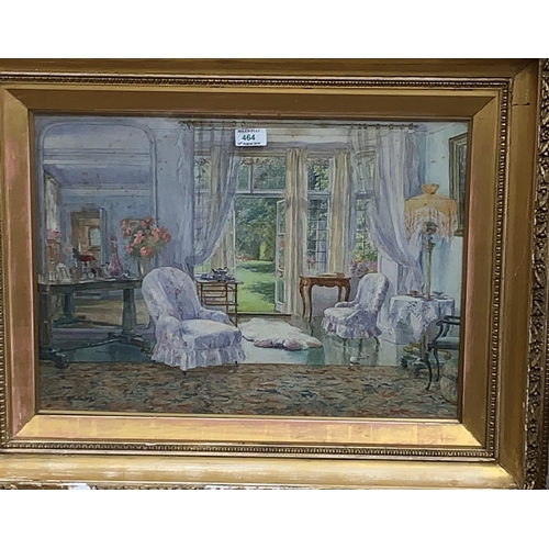 464 - E L Bradbury:  Victorian drawing room with views into the garden, watercolour, signed, 16