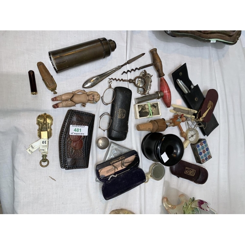 481 - A selection of collectables including gold rim spectacles; corkscrews; etc.