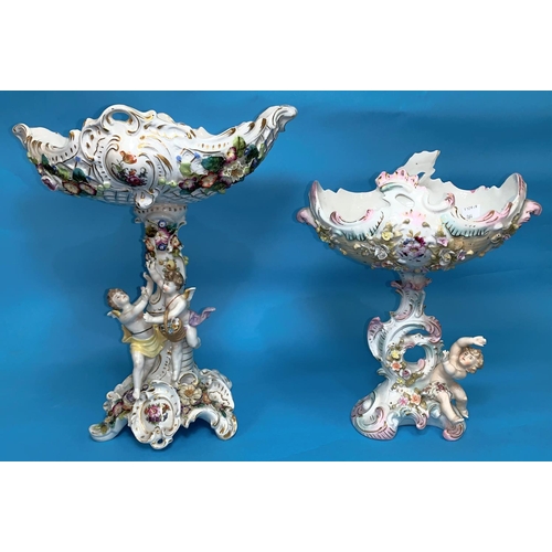 164 - A Dresden style large encrusted table centre decorated with 2 cherubs, height 14