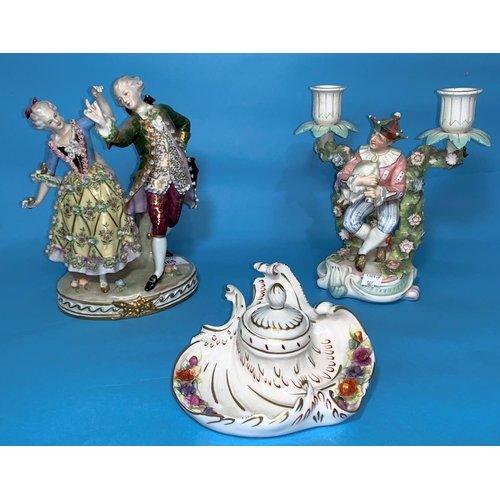 165 - A Dresden style encrusted group of 2 dancing figures in 18th century dress, height 9
