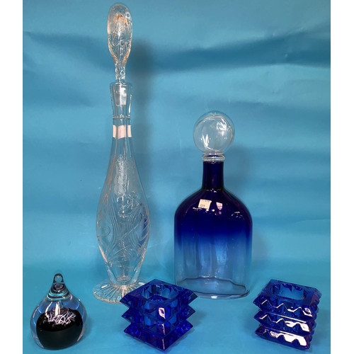 171 - A Royal Brierley etched decanter of elongated form; a blue glass decanter with etched signature; a p... 