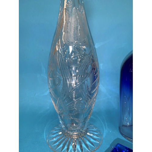 171 - A Royal Brierley etched decanter of elongated form; a blue glass decanter with etched signature; a p... 