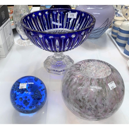 172 - A modern blue overlaid fruit bowl on pedestal, diameter 10