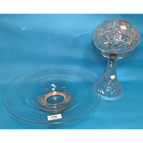 176 - A 1930's cut glass table lamp with mushroom shade; a shallow glass dish on a hallmarked silver foot,... 