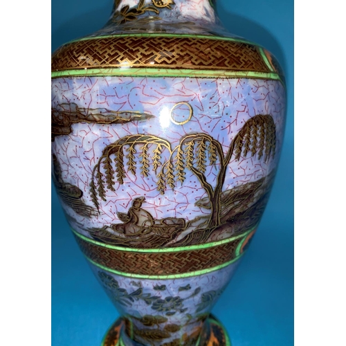 186 - A 1930's Wedgwood lustre baluster vase decorated with chinoiserie scenes of a man in a boat, with tr... 