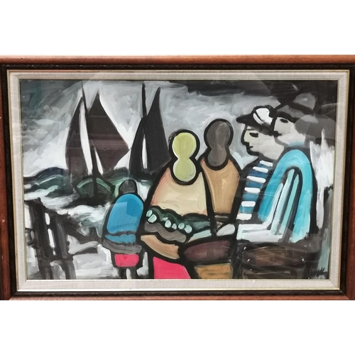 457 - Markey Robinson  (20th Century Irish):  Figures looking out to sea at yachts, gouache, signed, 18.5