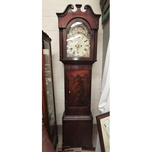 663 - An early 19th century mahogany longcase clock with arched painted dial and 8 day movement