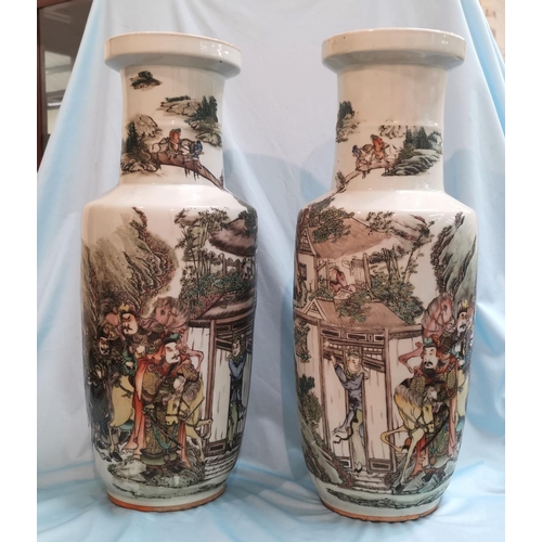 237 - An early/mid 20th century Chinese pair of large rouleau vases, famille verte decoration with landsca... 