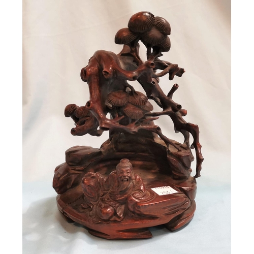 253a - A Chinese bamboo stand extensively carved with reclining figure and overhanging banyan tree, height ... 