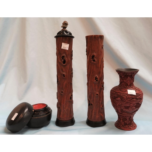 253b - Two Chinese bamboo cylindrical incense burners, one hardwood and one soapstone cover, on hardwood ba... 