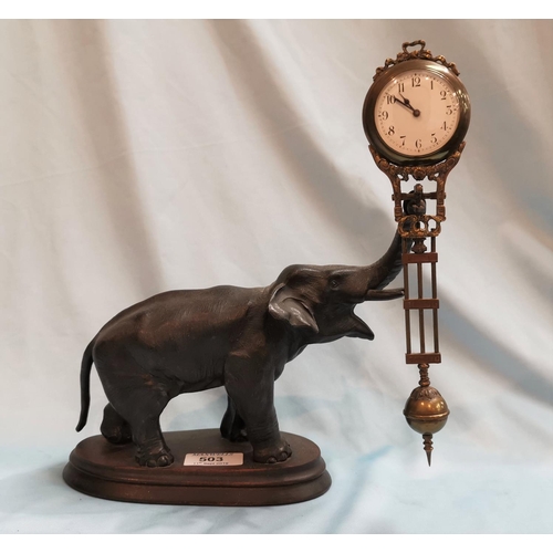 503 - A 19th century French pendulum mystery clock with elephant support, stained wood oval plinth, overal... 