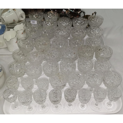 195 - A suite of 3 sizes of cut drinking glasses; a silver plated entrée dish; etc.