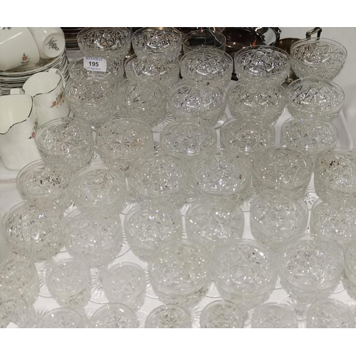195 - A suite of 3 sizes of cut drinking glasses; a silver plated entrée dish; etc.