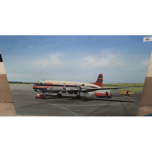 405 - TERRY FARRIMOND, oil on board, a BRANIFF turbo prop cargo plane unloading at Dallas Airport, signed,... 