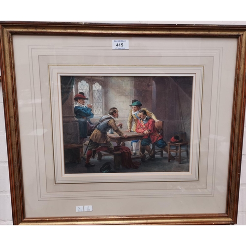 415 - 19th Century School:  Four cavaliers around a table, gaming and drinking, watercolour, unsigned, 9.5... 