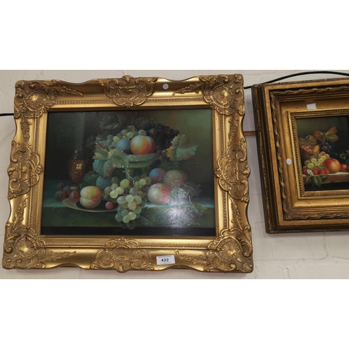 422 - G Brown:  20th century still life of grapes, peaches, etc., oil on board, signed, 11.5