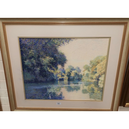 432 - BOB RICHARDSON: pastel, lake scene with overhanging trees, signed, 48 x 61cm, mounted and framed