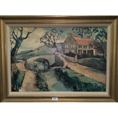 439 - Finn:  oil on board, rural cottage scene with river and bridge, signed and dated '68', 45 cm x 65 cm... 