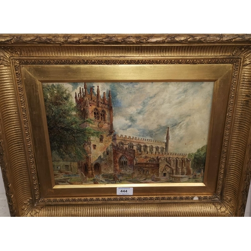 444 - GEORGE HOLMES - oil on board of Gresford Church (Wrexham), with figures in foreground, signed on lab... 