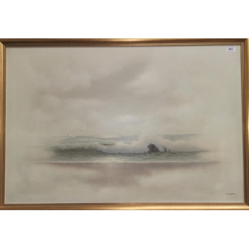 453 - Dori Gilbert (XX):  Shoreline scene with gulls and rocks, oil on canvas, signed, 23.5