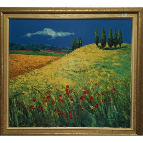 455 - 20th Century Continental:  French landscape with poppies and tall trees, oil on canvas, signed indis... 