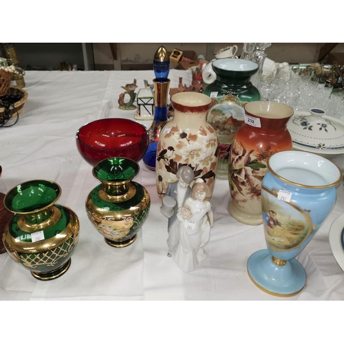 232 - A selection of 19th century and later coloured glass vases; a Lladro wedding group, 8