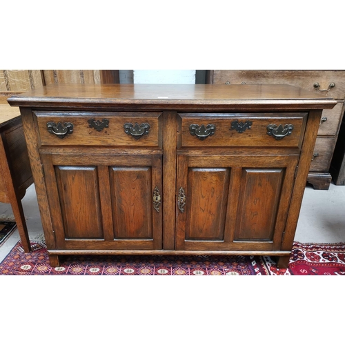 549 - An 18th century style oak dresser base with 2 frieze drawers and 2 double fielded panel doors, the b... 