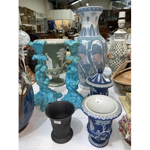 180A - A pair of 19th Century blue glazed Wedgewood candlesticks, a Wedgewood black basalt cup, other Wedge... 