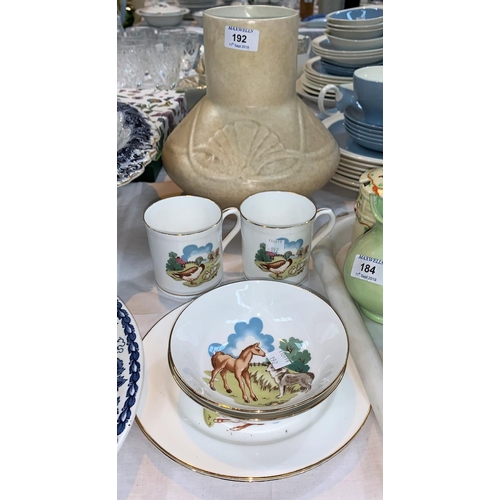 192 - A Chameleon ware Art Deco pottery vase, 25 cm; 2 sets of Royal Windsor nursery china; a David Leach ... 