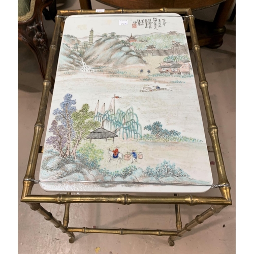 258c - A Chinese Republic occasional table with bamboo effect brass frame and rectangular ceramic top depic... 