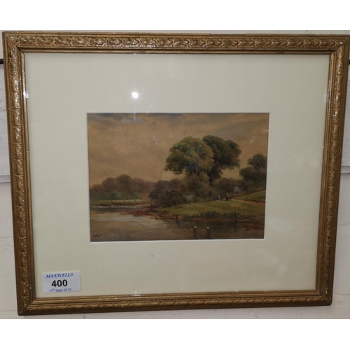 400 - CALLOW - watercolour, rural lake scene with figures, signed with monogram W,C 13 x 18 cm, framed