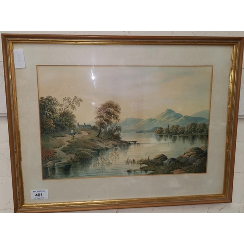 401 - WILLIAM LANGLEY, watercolour, Lake District scene with figure on pathway, signed 25 x 38cm, framed