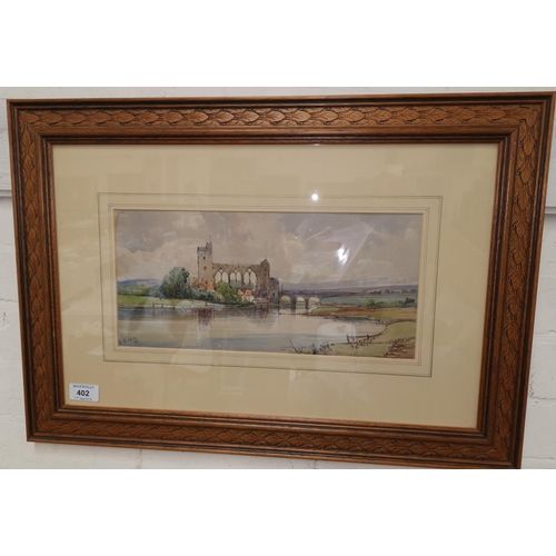 402 - ALFRED VICKERS, watercolour, Maldeck Abbey, Yorkshire, signed and dated '09, 17 x 36cm, framed