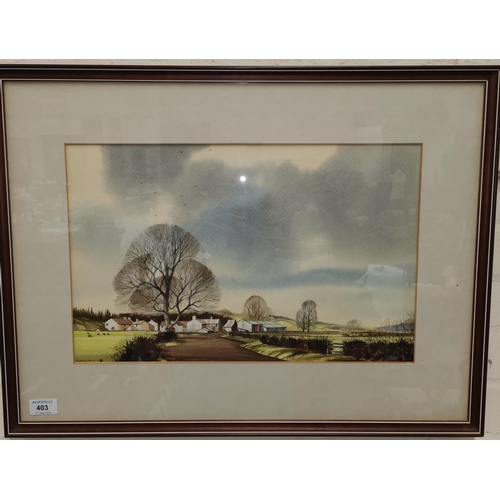 403 - J.R.HURLEY, watercolour, rural landscape with farm buildings, late Autumn, signature plus mouse, 29 ... 