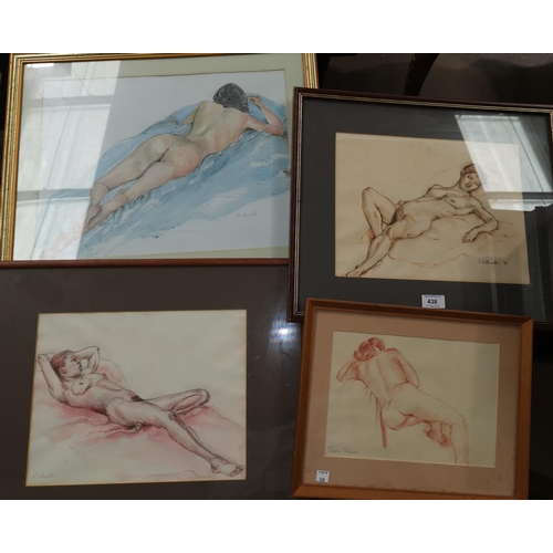 438 - Susan Beattie:  crayon and wash study, reclining nude female, signed, 25 cm x 33 cm, framed; 3 other... 