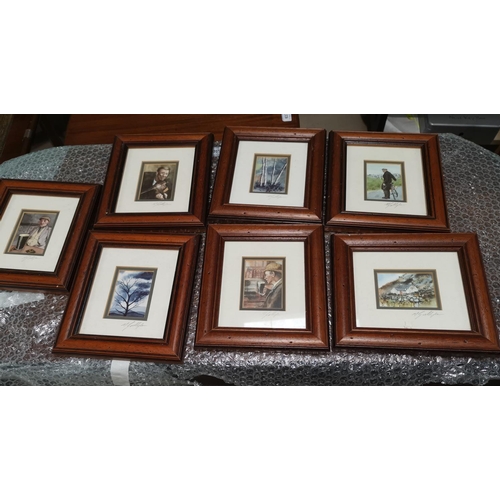 459 - Seven artist signed miniature prints depicting Irish characters, etc., framed and glazed