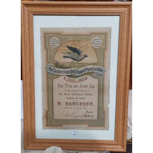 466A - A Victorian Homing Pigeon Society First Prize certificate, framed and glazed