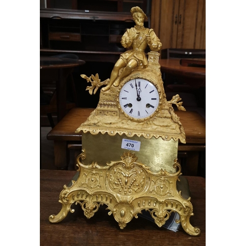 470 - A 19th century French mantel clock in ormolu case, surmounted by reclining man in renaissance dress,... 