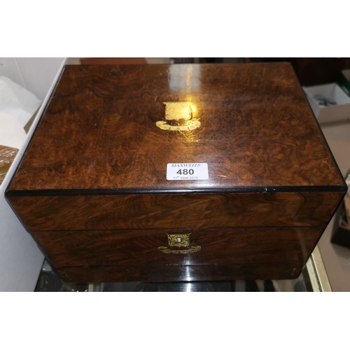 480 - A Victorian burr walnut vanity box, fitted mirror to the lid, sprung drawer below with 4 associated ... 