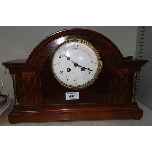 482 - An early 20th century mahogany cased mantel clock, 8 day movement striking on gong